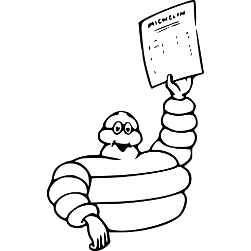The Michelin Man holds a document in his hand