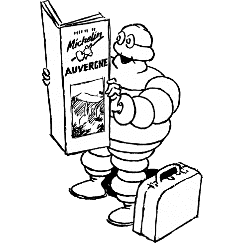 The Michelin Man reads the Guide Michelin Auvergne