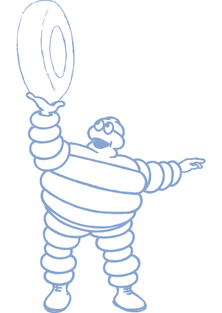 The Michelin Man lifts a tire