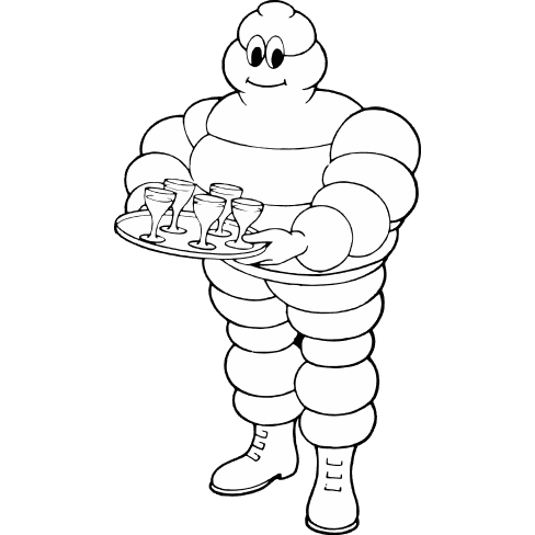 The Michelin Man carrying a tray with glasses