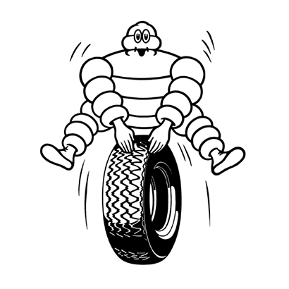Bibendum saute sur un pneu