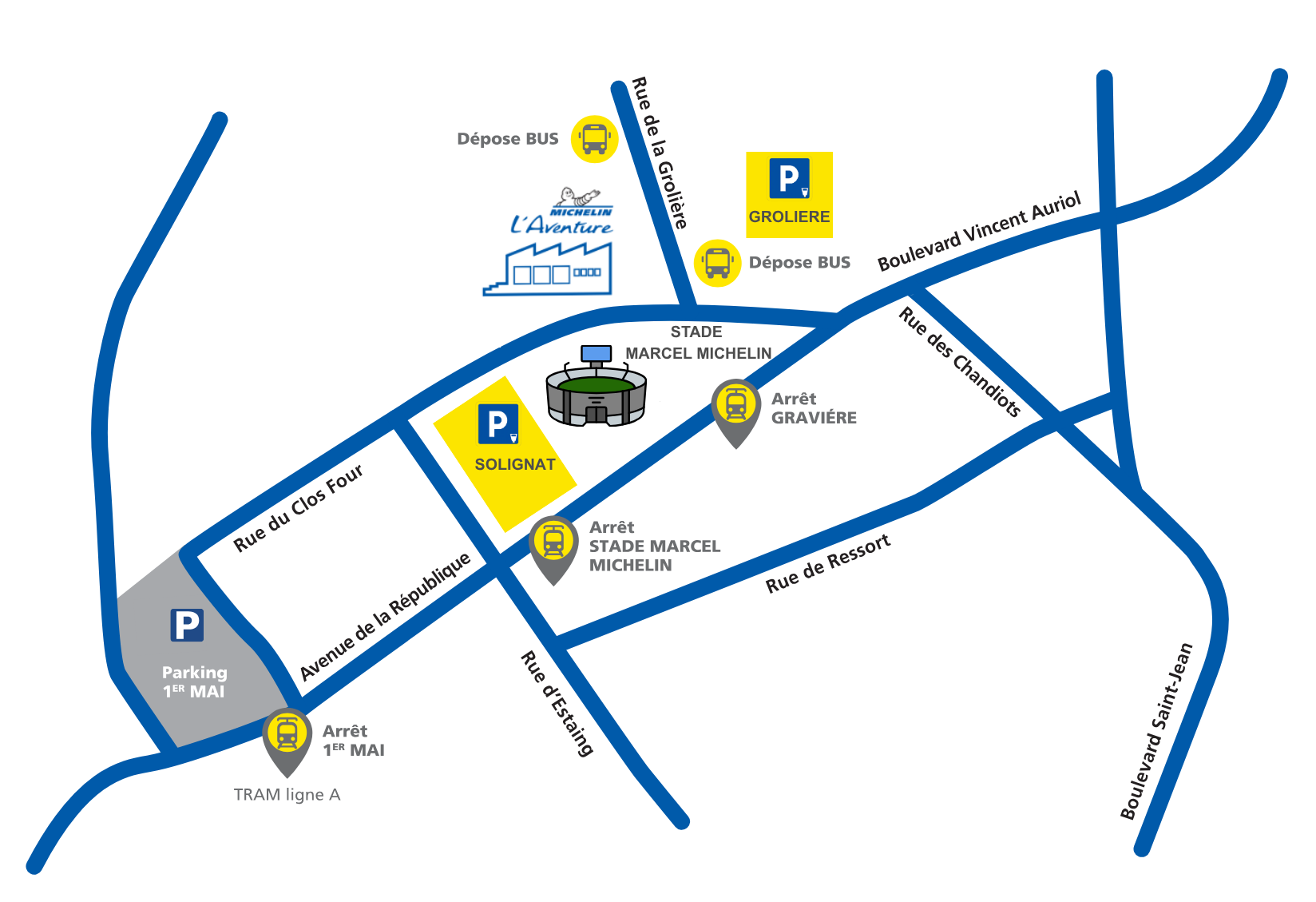Carte des parkings de l'Aventure Michelin
